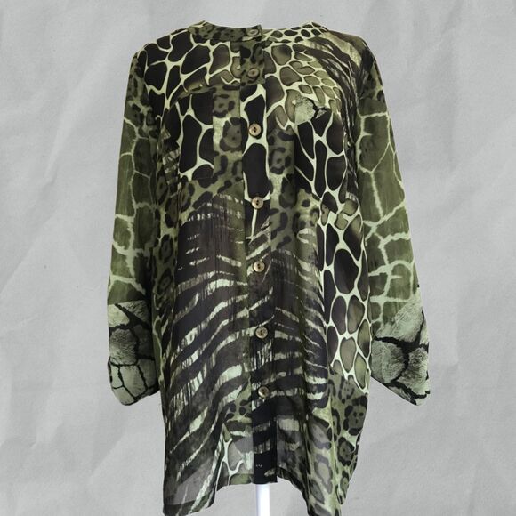 SUSAN GRAVER Blouse Size Medium Sheer Animal Print Lightweight Button Front - Picture 2 of 6